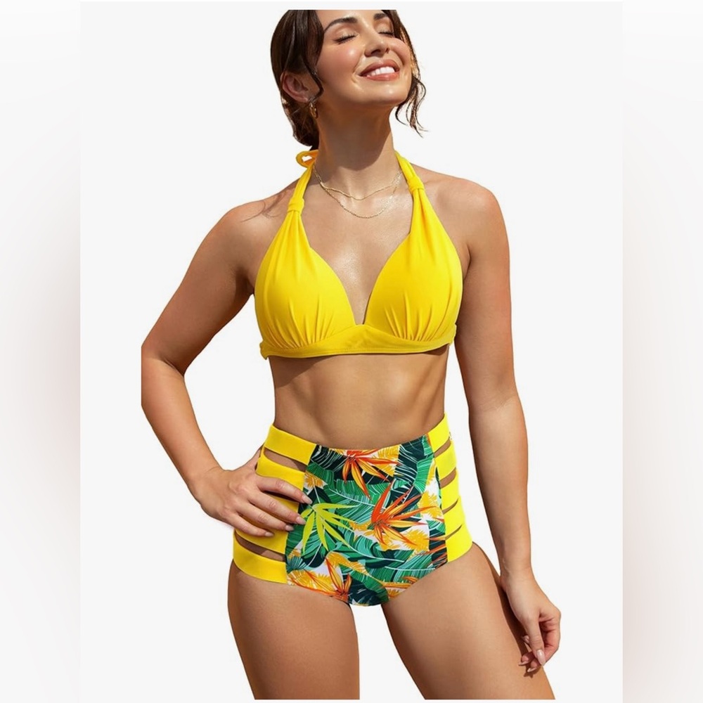 Sporklike Tropical Yellow High Waisted Halter Bikini – Size M